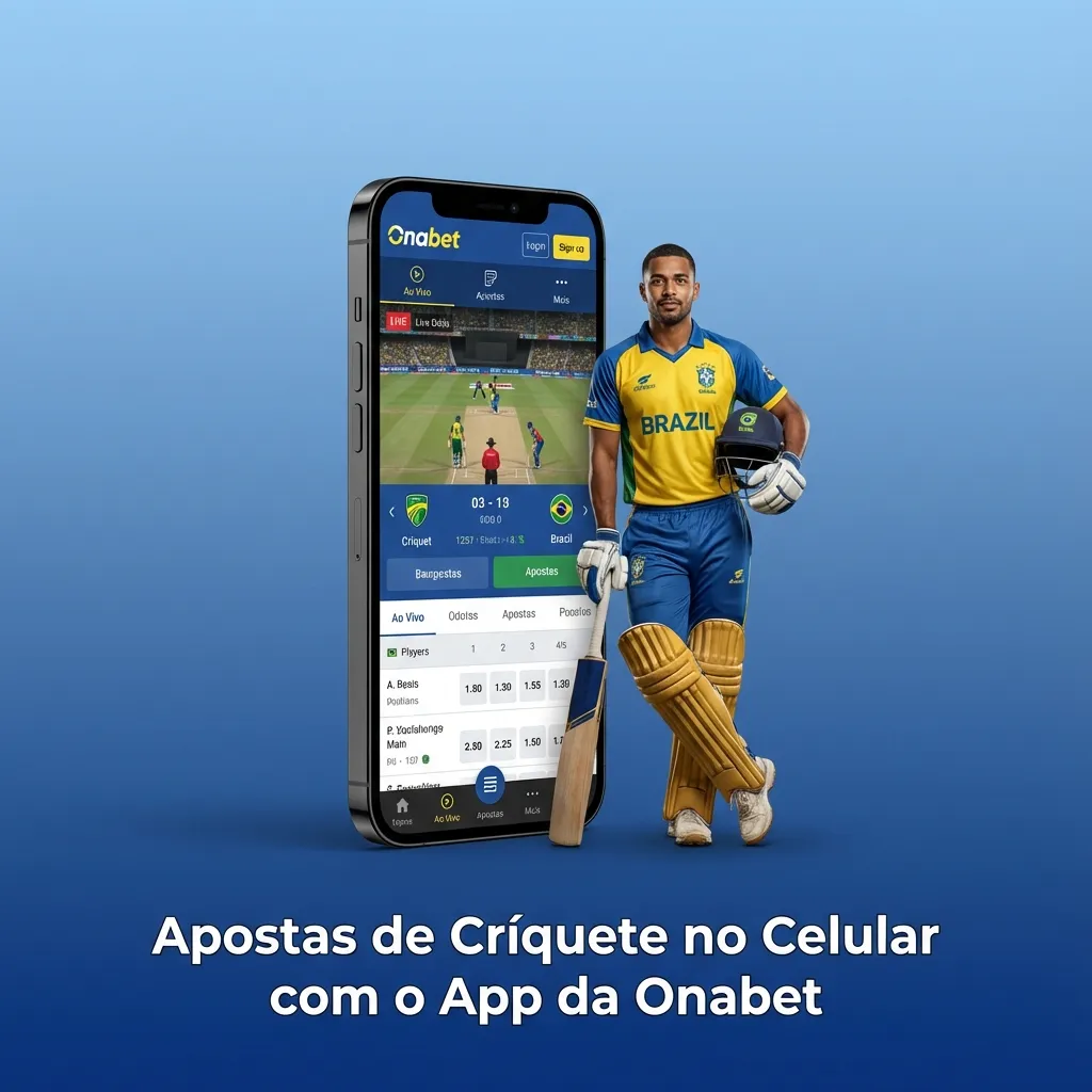 Pessoa apostando em partida de críquete no celular, usando o app de apostas esportivas Onabet no Brasil.