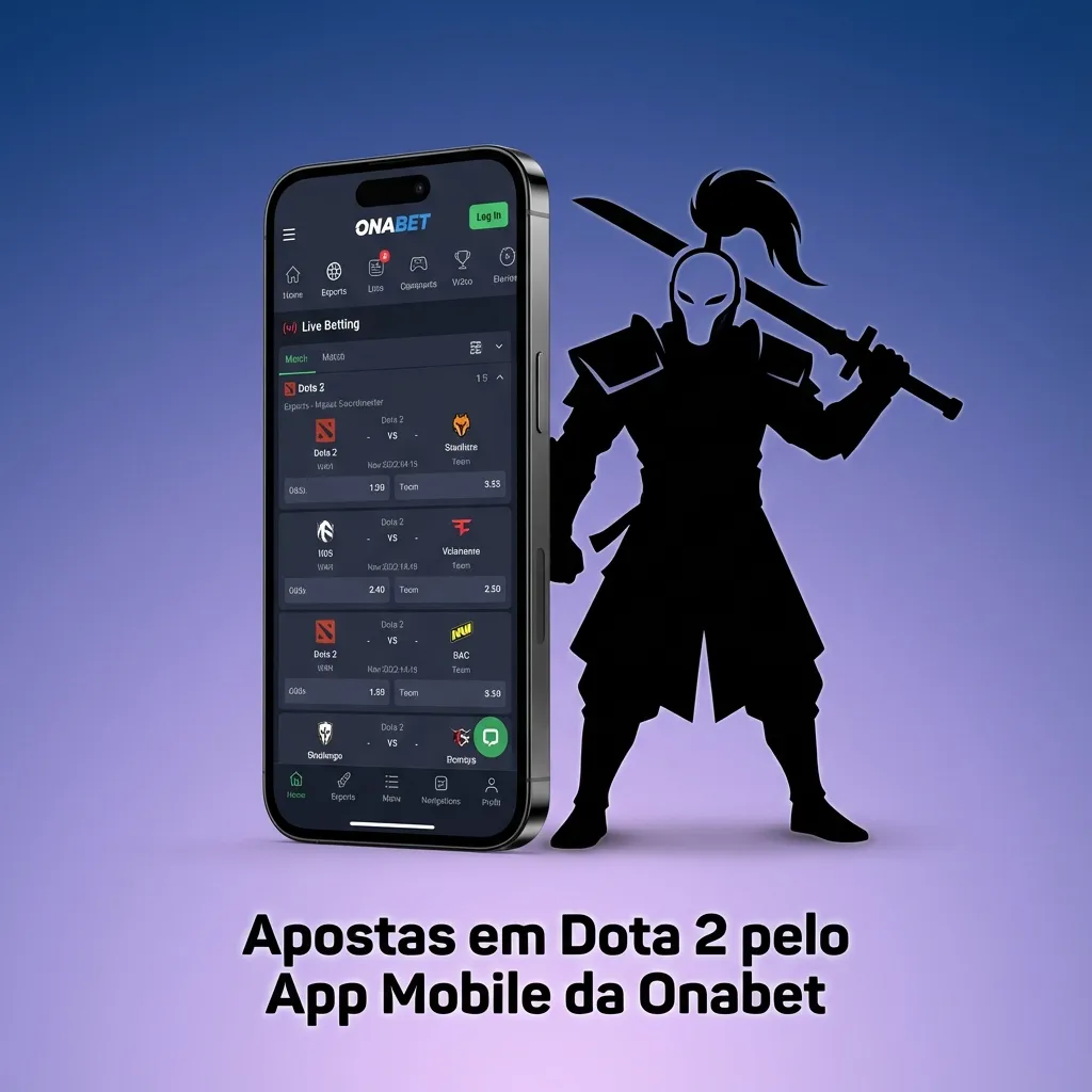 Tela de celular com app Onabet aberto mostrando odds e apostas ao vivo em partidas de Dota 2