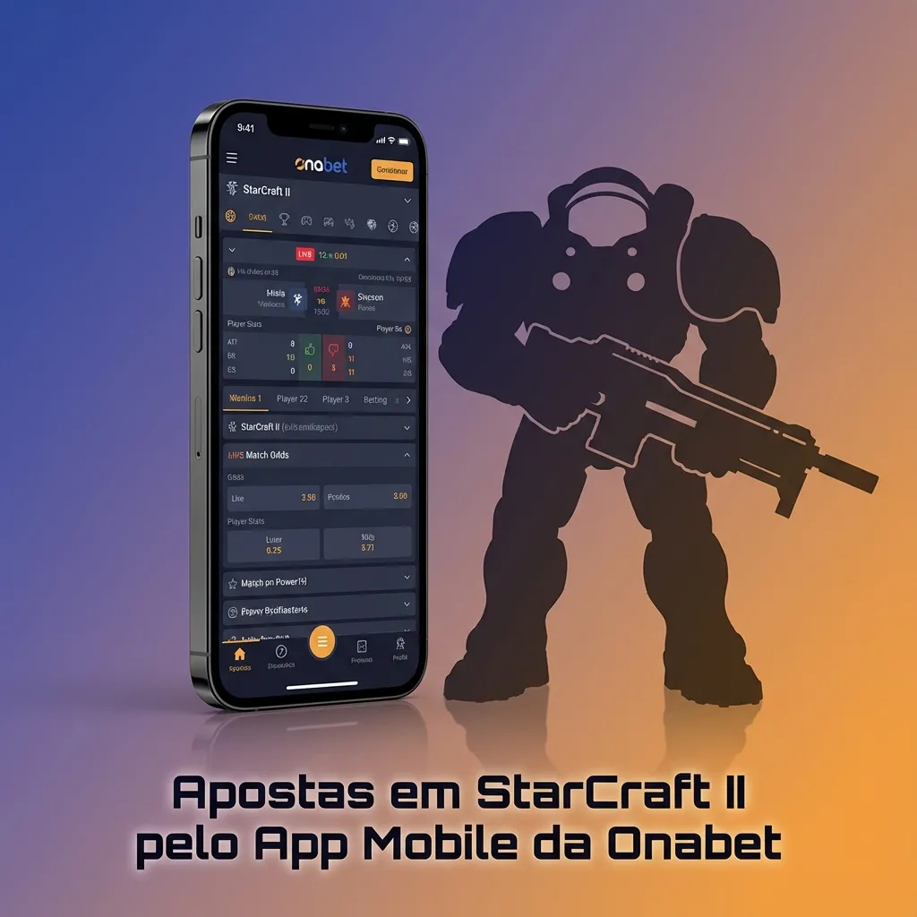 Tela de app da Onabet em smartphone exibindo apostas ao vivo em partida de StarCraft II