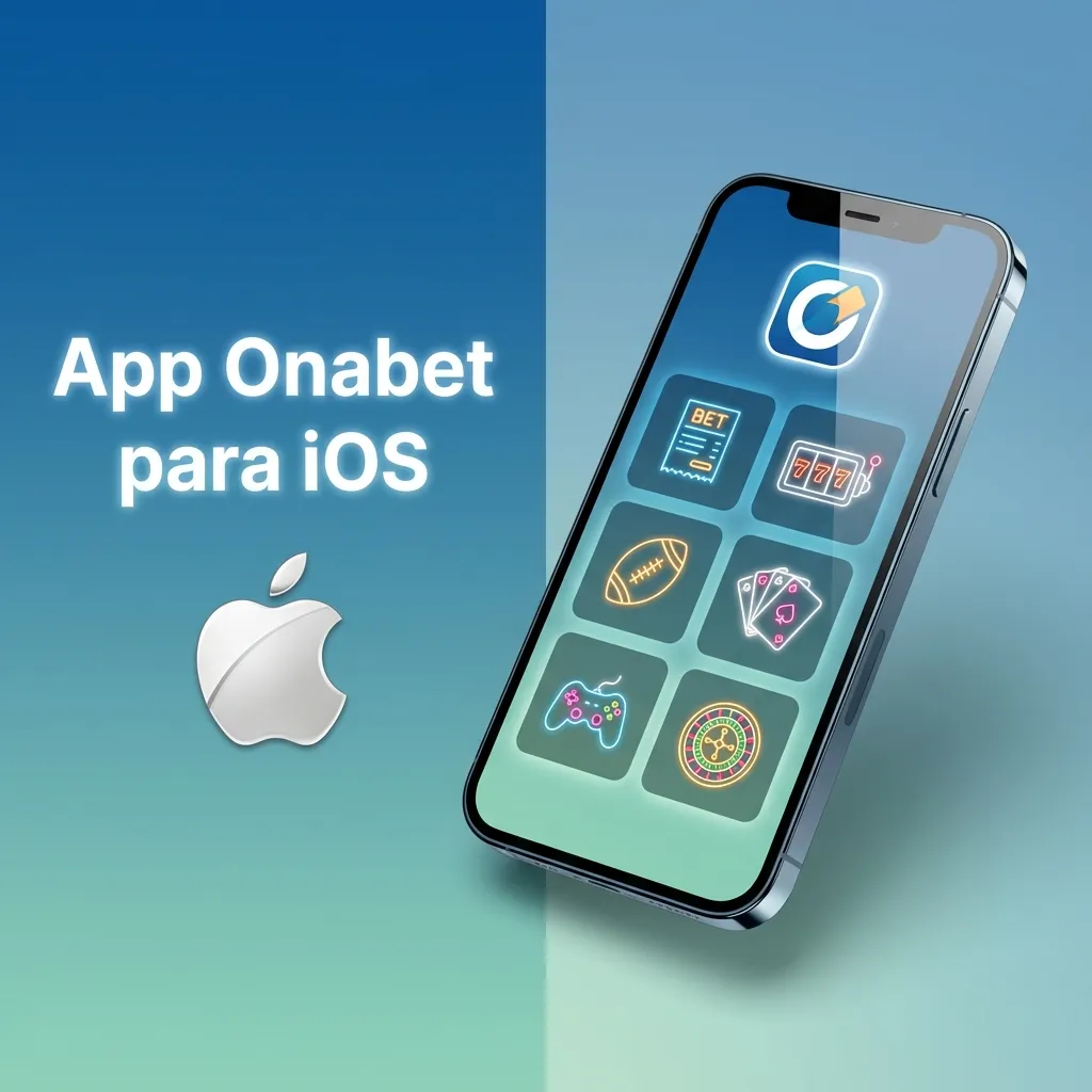 Tela de iPhone exibindo o app Onabet para iOS com opções de apostas esportivas, cassino, bônus e suporte em português