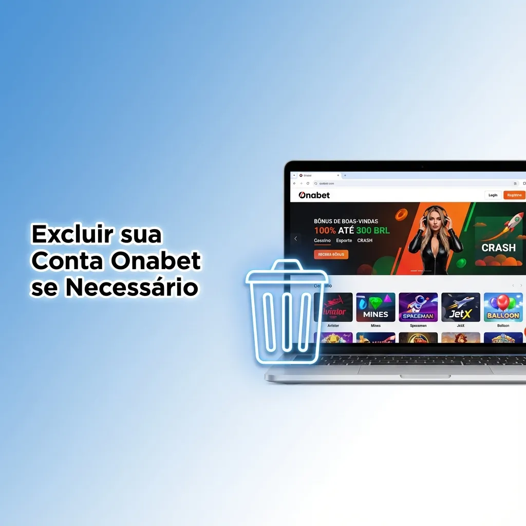 Ilustração de usuário encerrando conta Onabet, com checklist de passos e ícones de suporte e segurança de dados