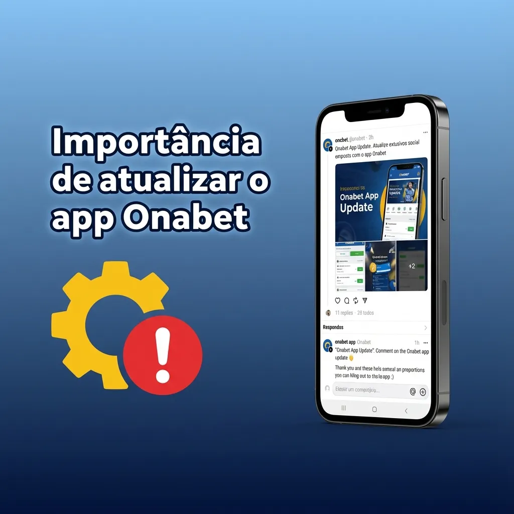 Ilustração de smartphone com ícone do app Onabet e avisos de atualização, destacando segurança e novos recursos