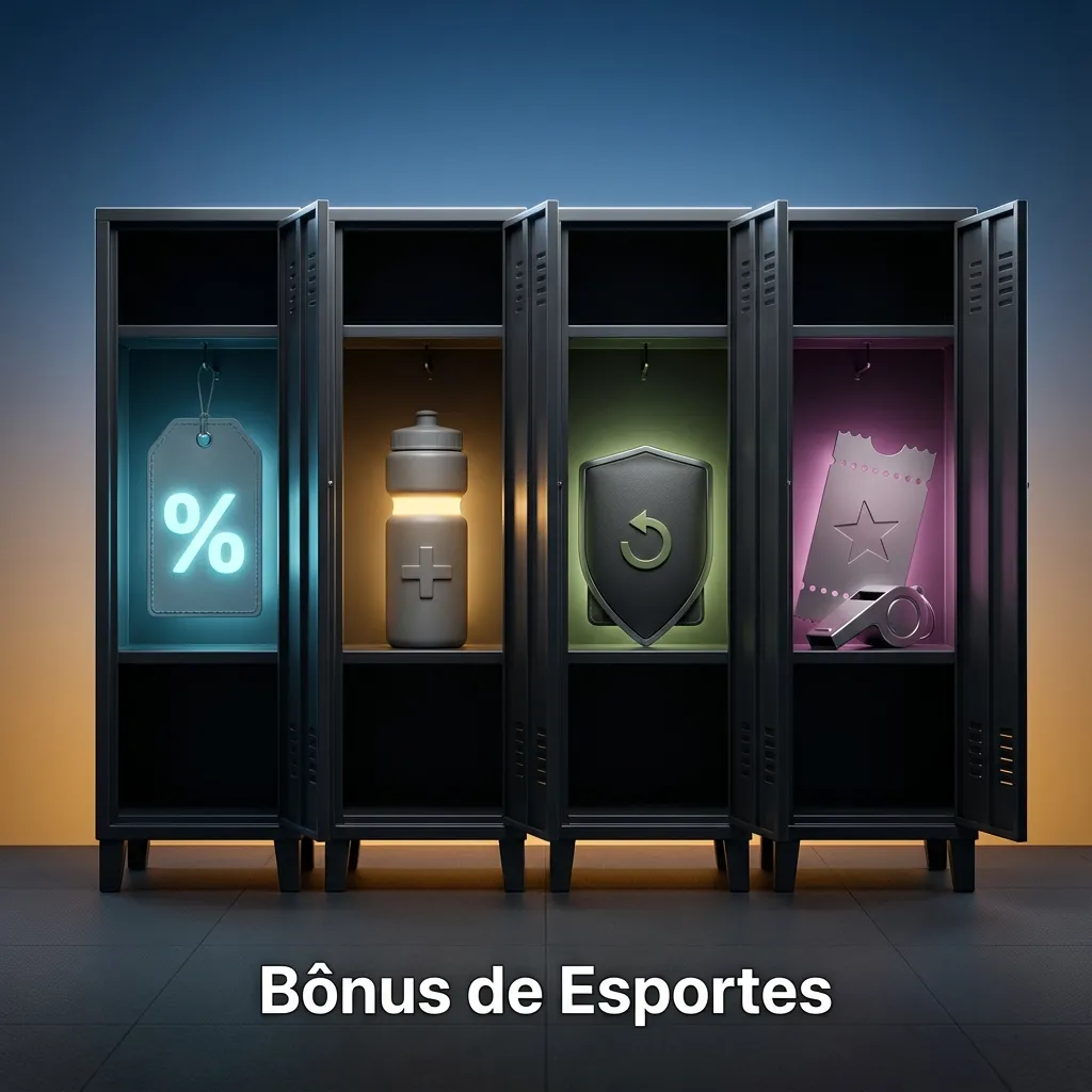 Banner “Bônus de Esportes” com ícones de apostas esportivas mostrando recarga, aposta grátis e seguro de múltipla.