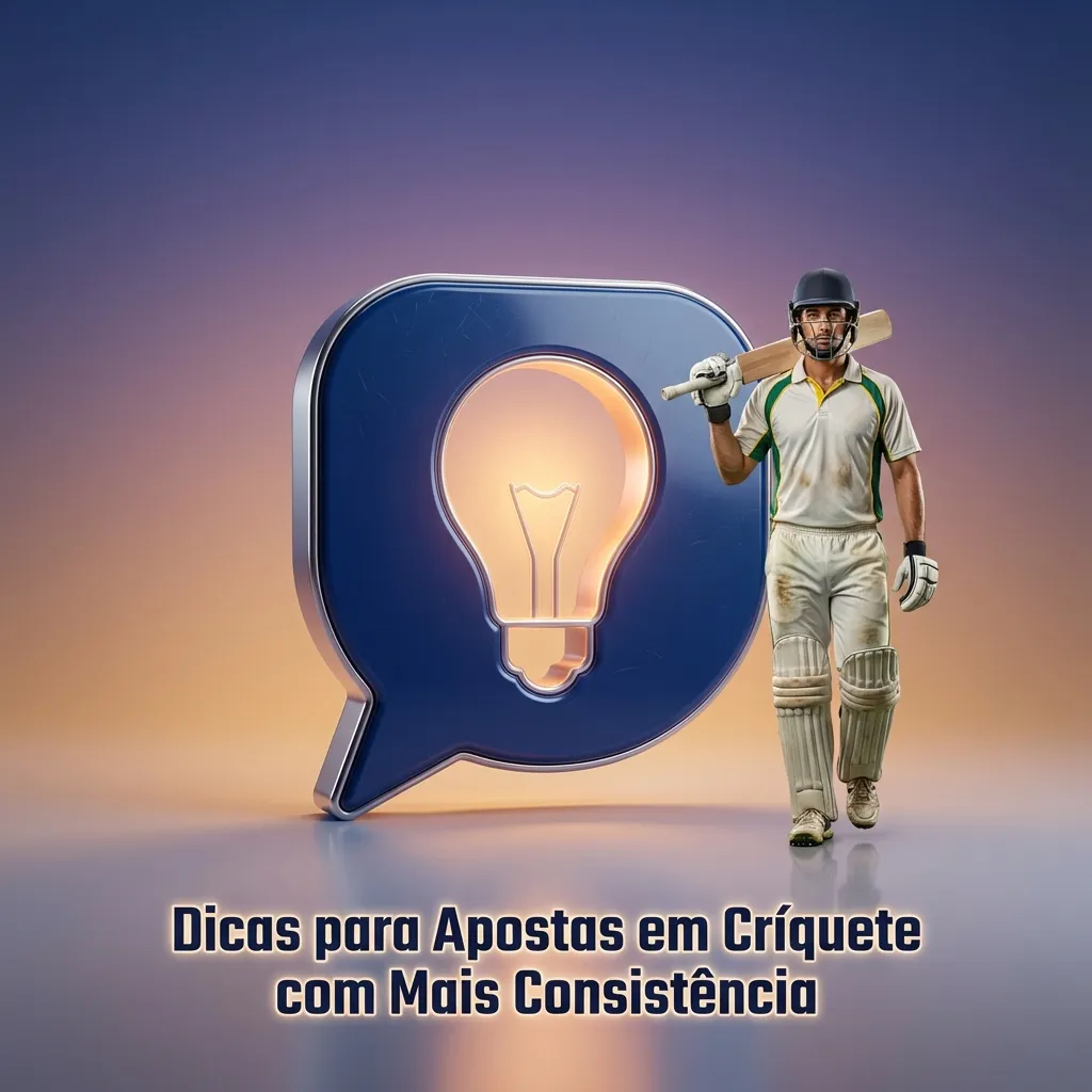 Ilustração de apostador analisando estatísticas e gráficos de críquete em tela com texto de dicas em português