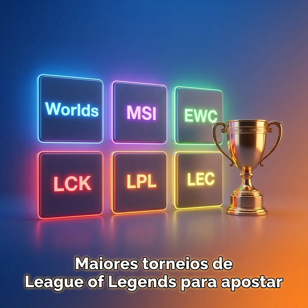 Banner sobre maiores torneios de League of Legends para apostar, com logos de Worlds, MSI, EWC, LCK, LPL e LEC