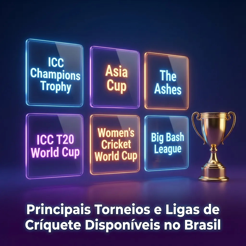 Ilustração de críquete com bolas, tacos e ícones de apostas destacando torneios internacionais e ligas T20 no Brasil