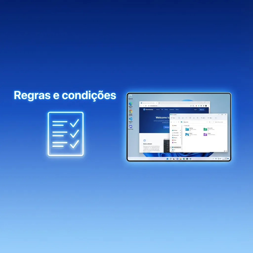 Tela de site de apostas em português destacando “Regras e condições” com ícones de idade mínima, conta única e verificação de identidade