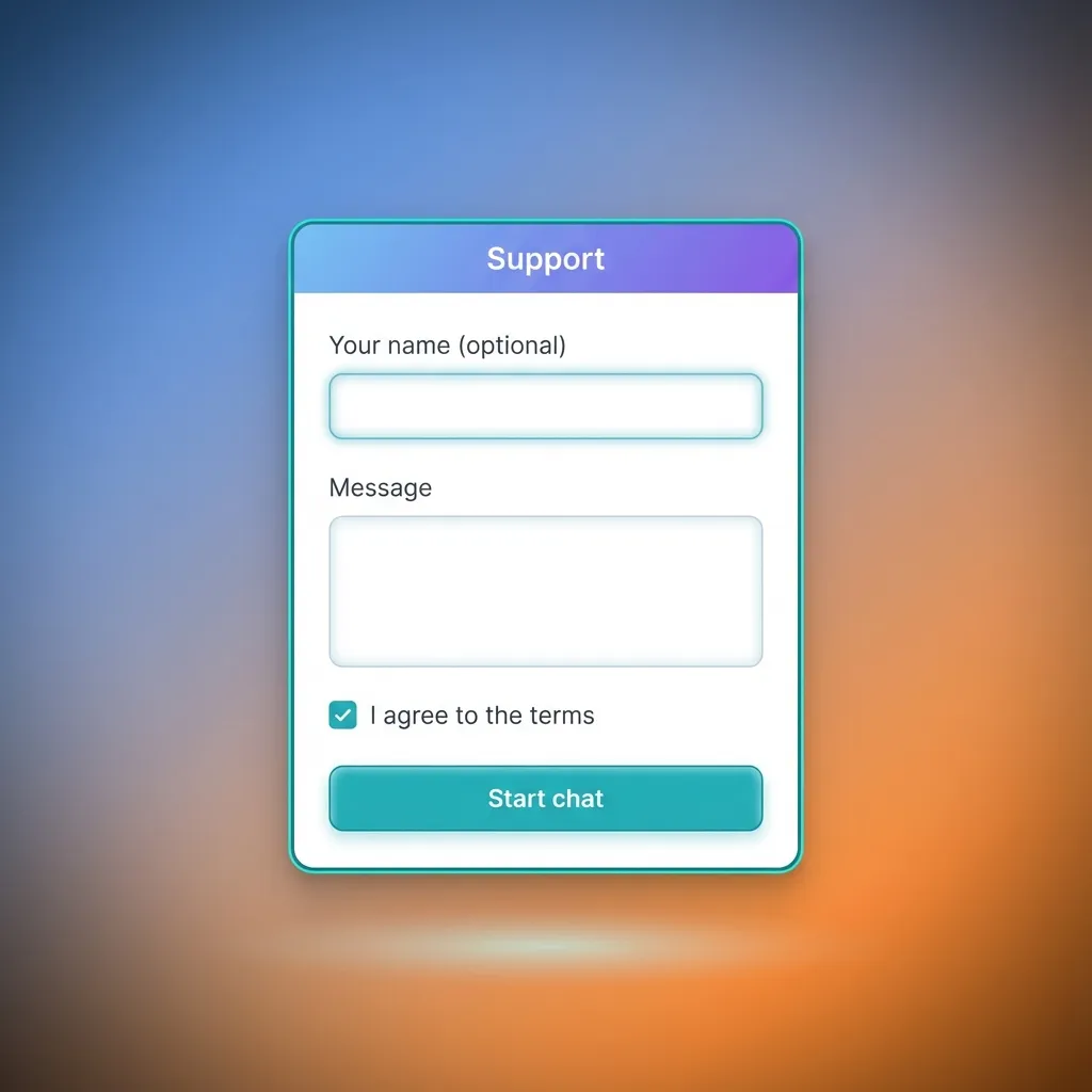 Tela de suporte desktop exibindo tabela com métodos de contato: chat ao vivo, e-mail, formulário e redes sociais.