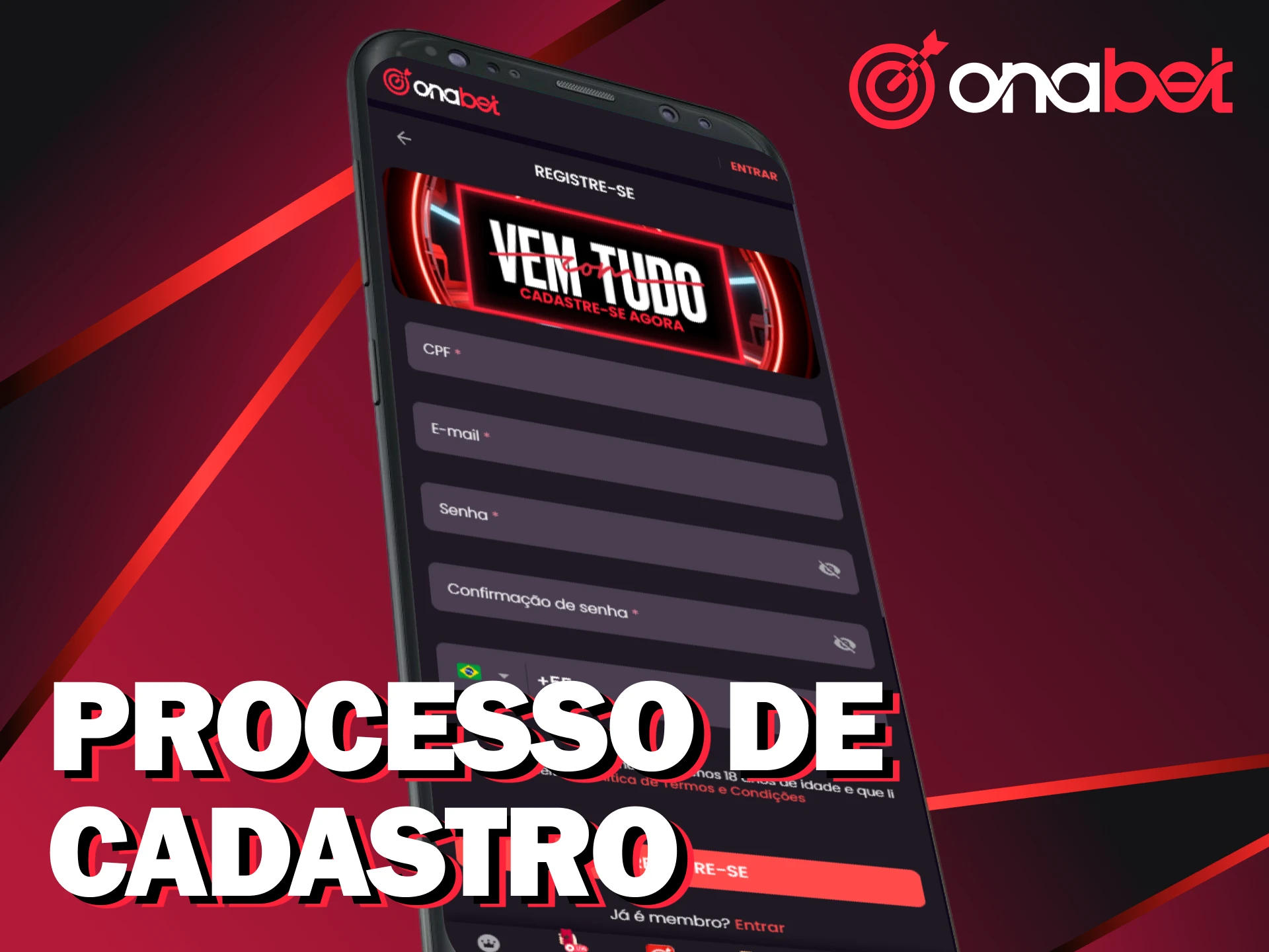 Cadastro pelo app Onabet no seu dispositivo Android.