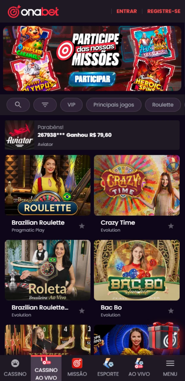 Ganhe em tempo real no cassino ao vivo do app Onabet no Android.