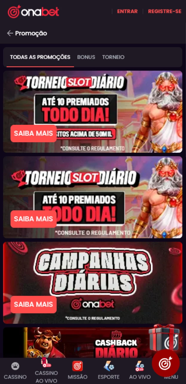 Confira os bônus para vencer mais no seu app Onabet para Android.