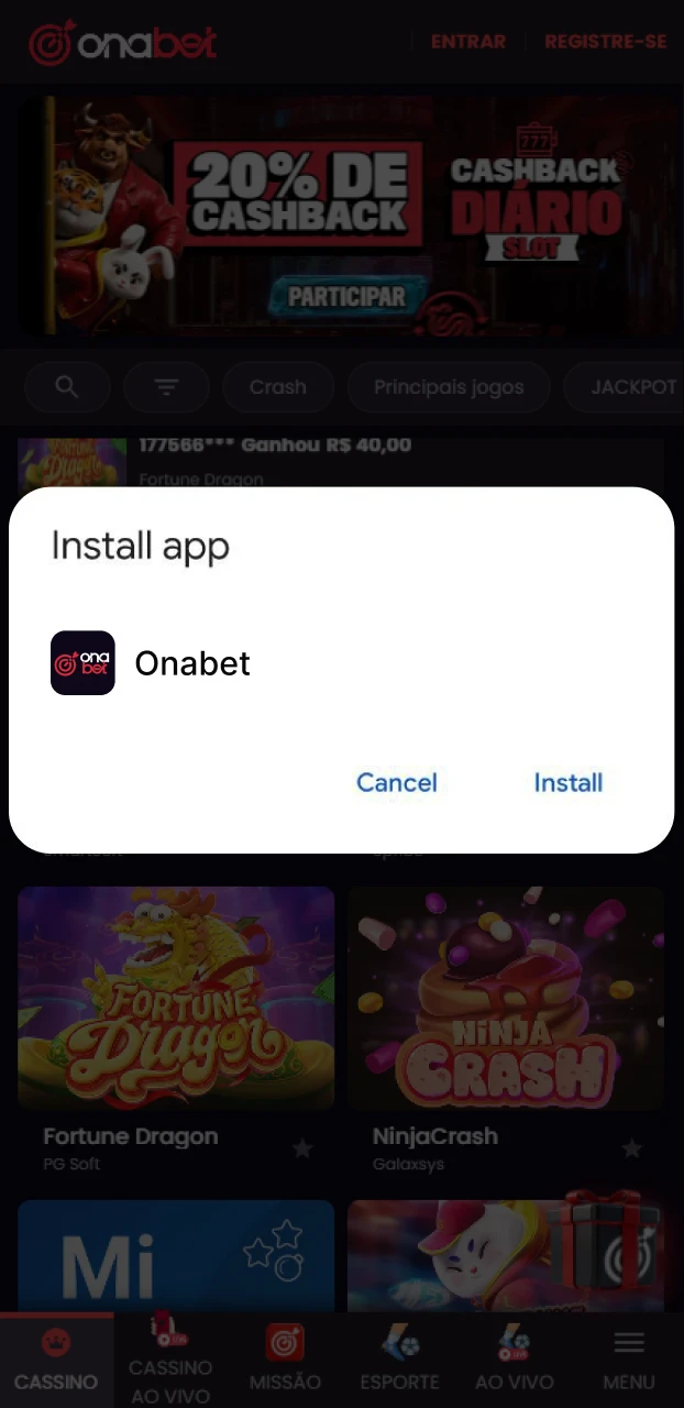 Aceite o download na janela pop-up para instalar o app Onabet no seu Android.
