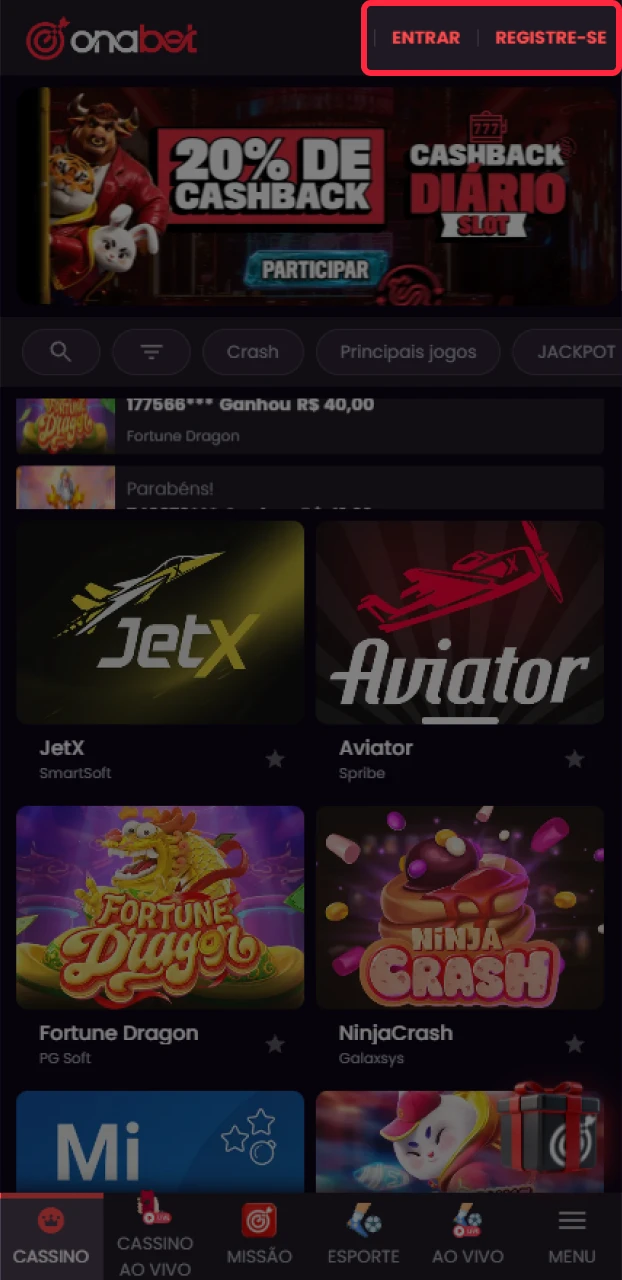 Abra o app Onabet no iOS e faça login para começar a lucrar no Brasil.