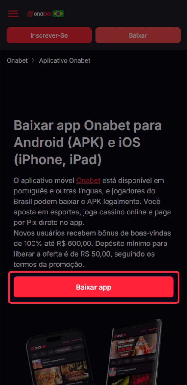 Clique nesse botão para instalar o aplicativo Onabet no seu iOS.