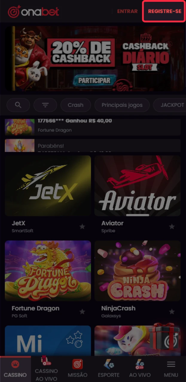 Clique no botão para iniciar seu cadastro na Onabet e ganhar.