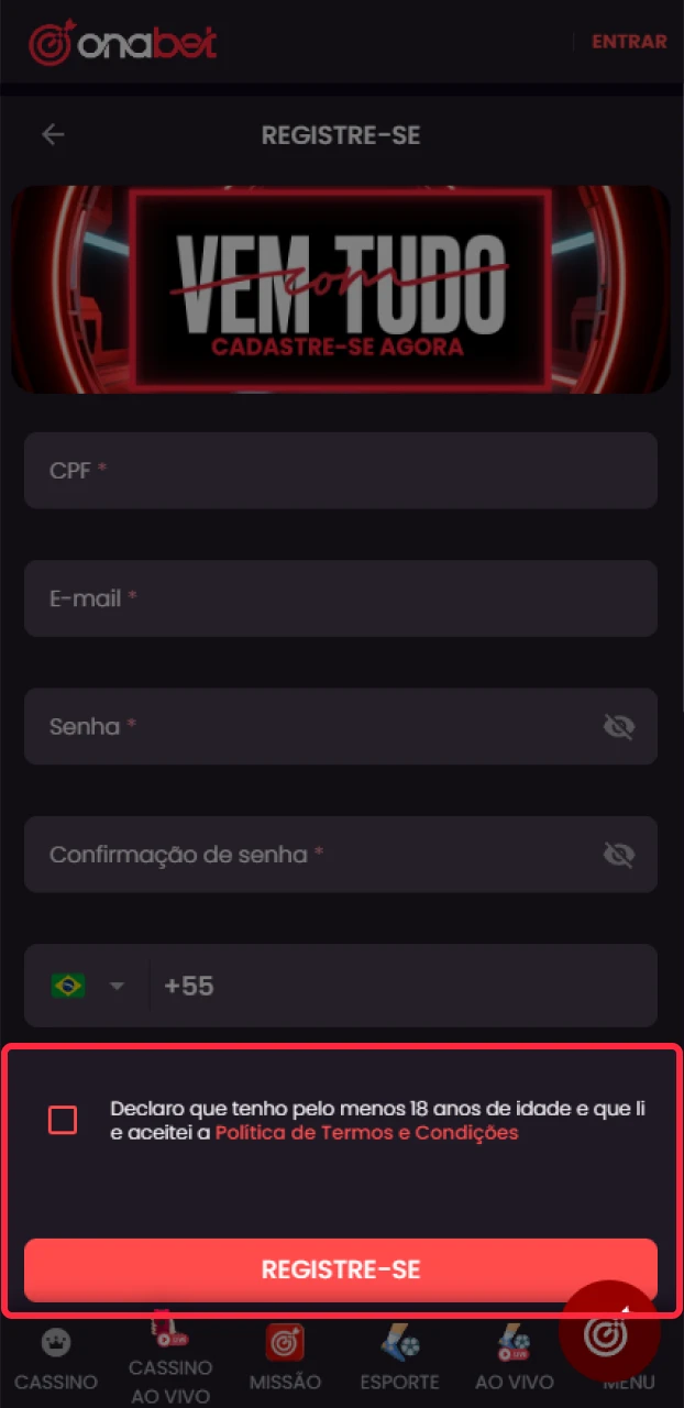 Finalize a abertura do seu cadastro na Onabet para buscar vitórias.