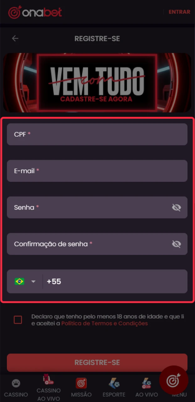 Preencha os campos do seu cadastro na Onabet com suas informações.