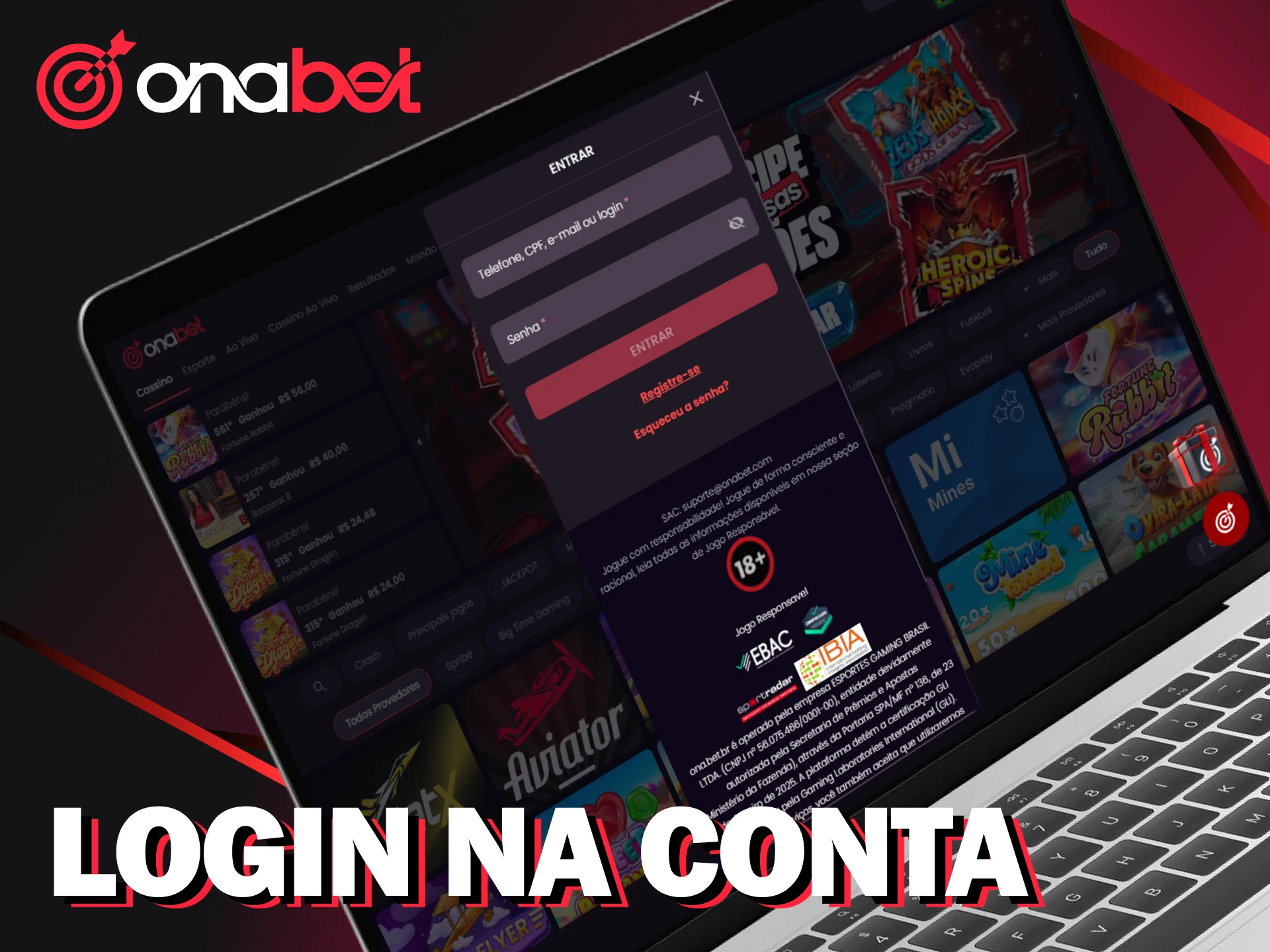 Entre na sua conta de cadastro na Onabet para jogar.