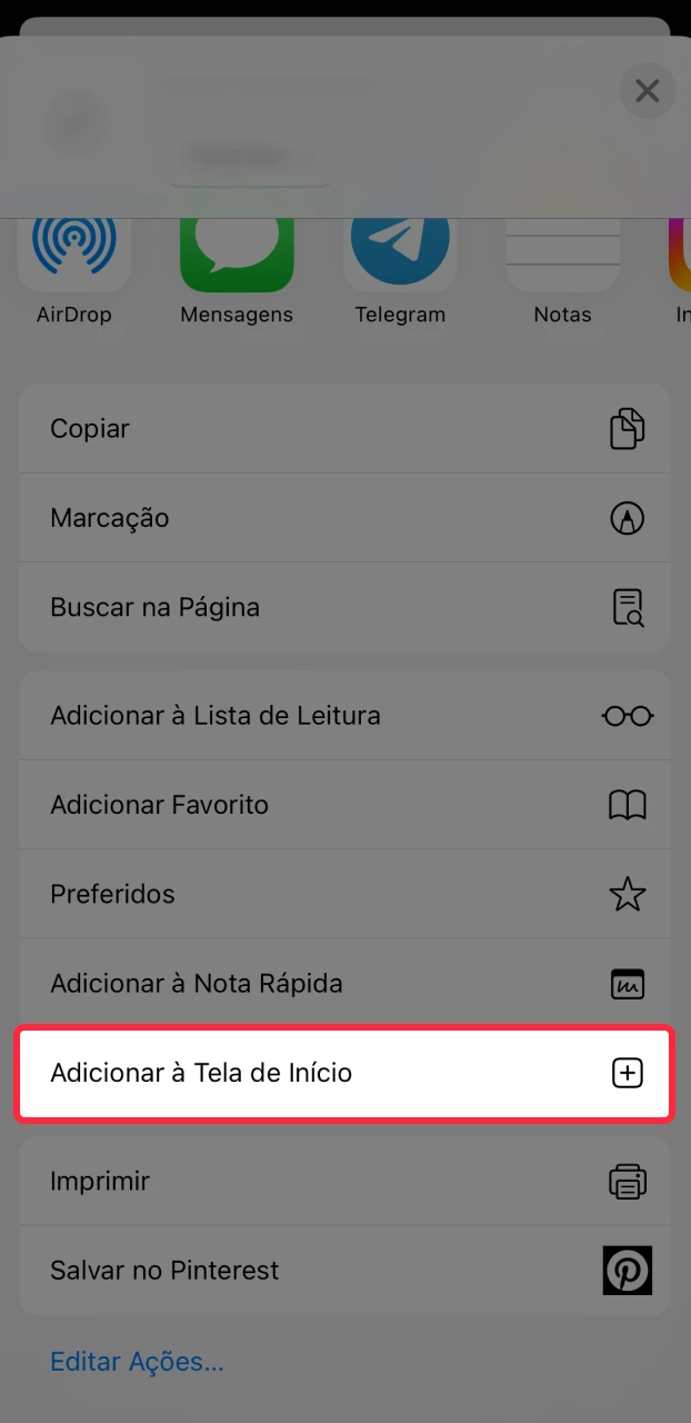 Crie o atalho do app Onabet para iOS na sua tela principal.