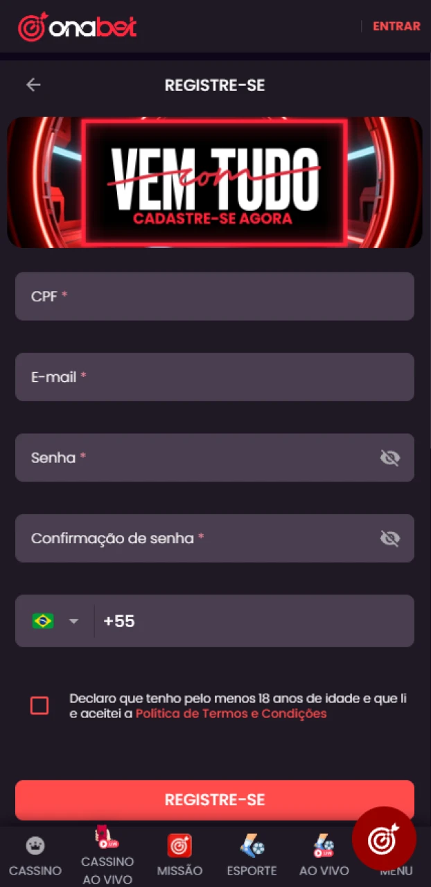 Confirme seus dados pessoais para validar o seu bônus na Onabet.