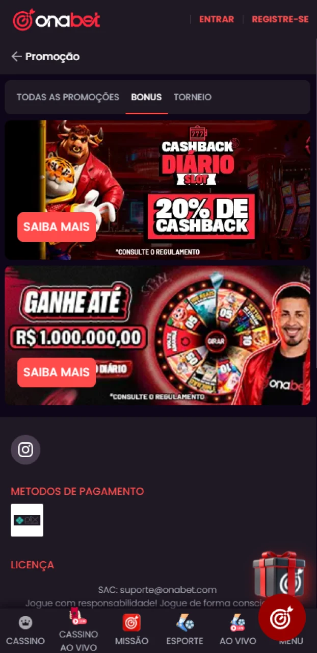 Selecione o bônus de boas-vindas disponível na plataforma Onabet.