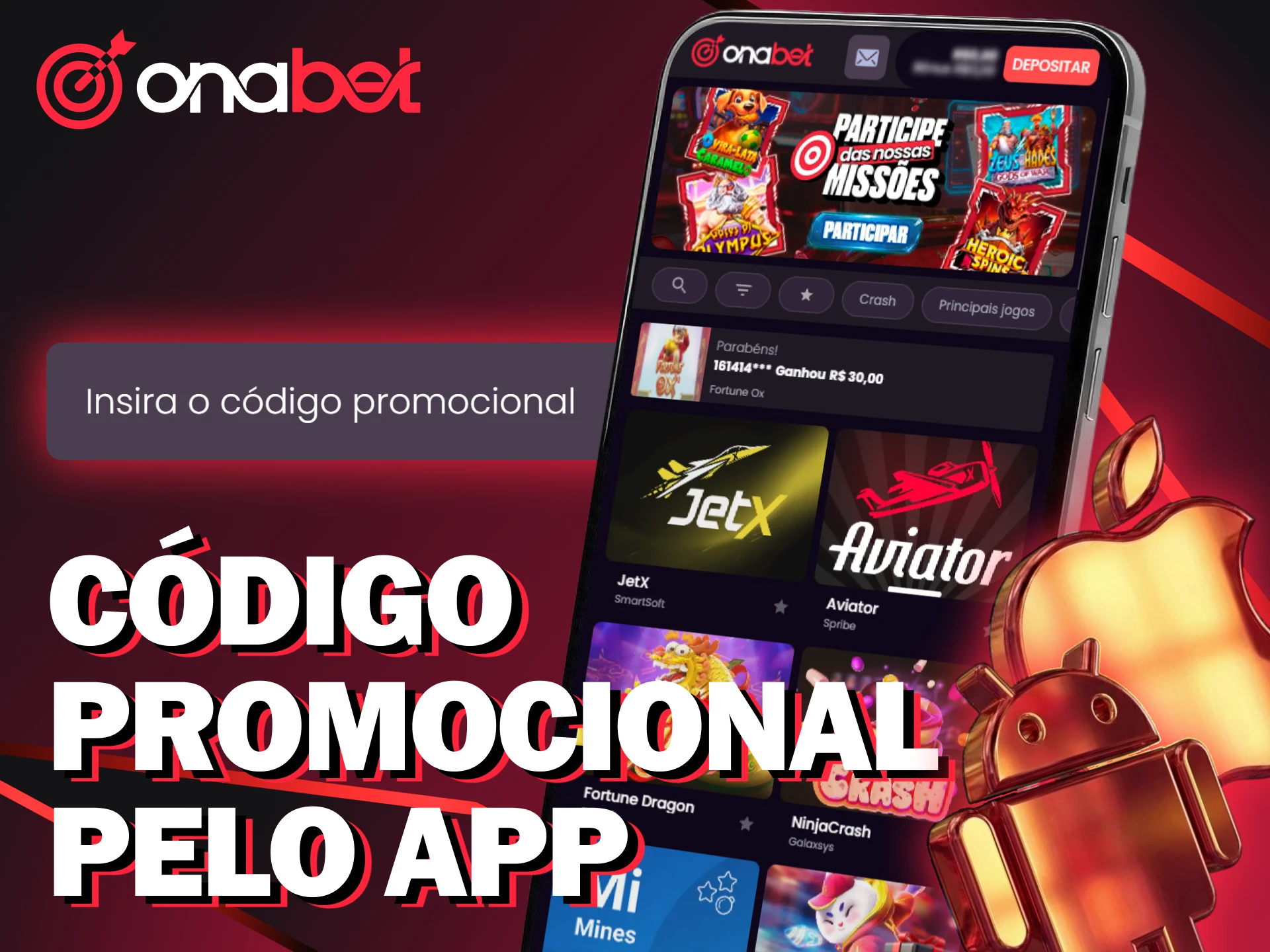 Ative o seu código promocional Onabet diretamente através do aplicativo móvel.