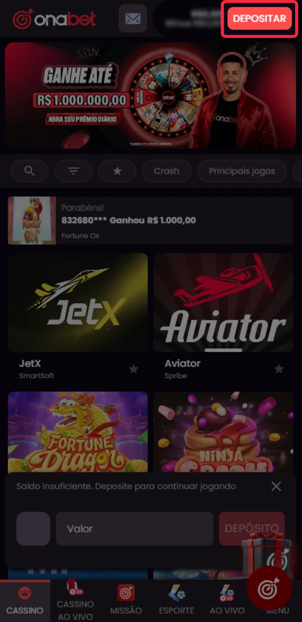 Abra a área financeira para gerenciar o seu depósito na Onabet.