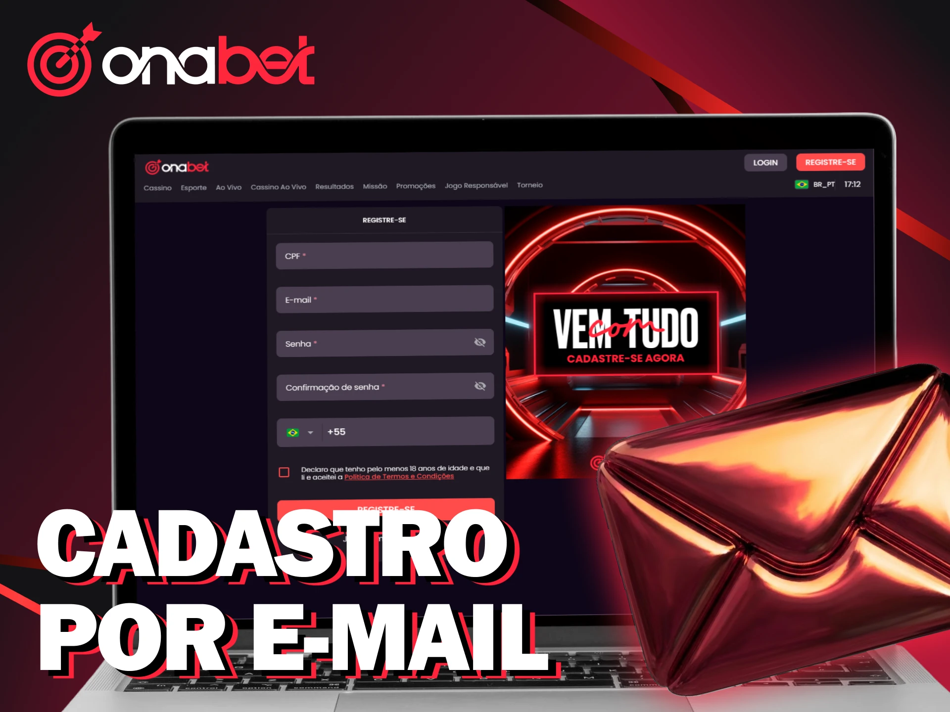 Selecione a opção para se cadastrar usando seu endereço de e-mail da Onabet.