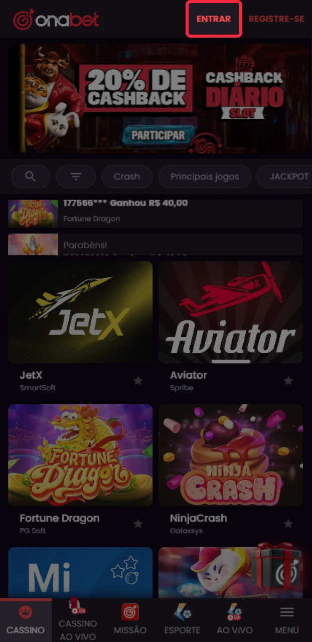 Toque no botão de acesso no app para iniciar o login Onabet.