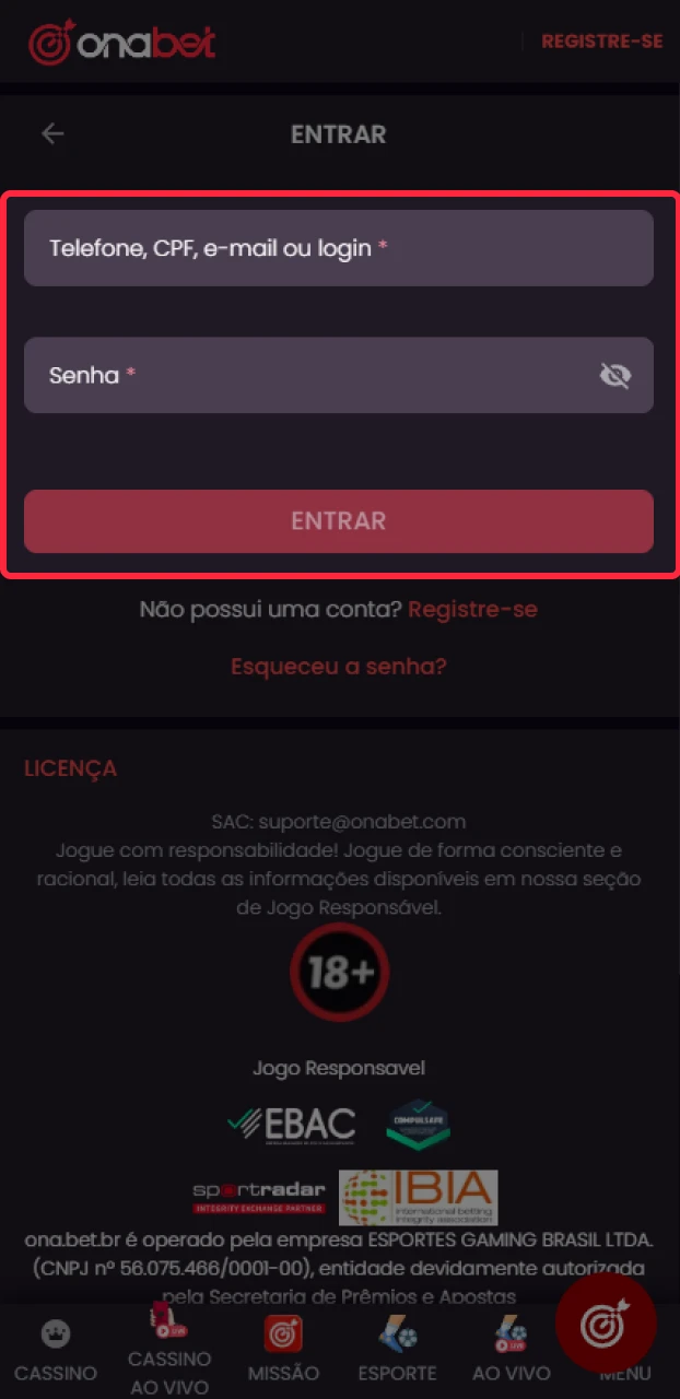 Digite seus dados no app e realize o seu login Onabet.