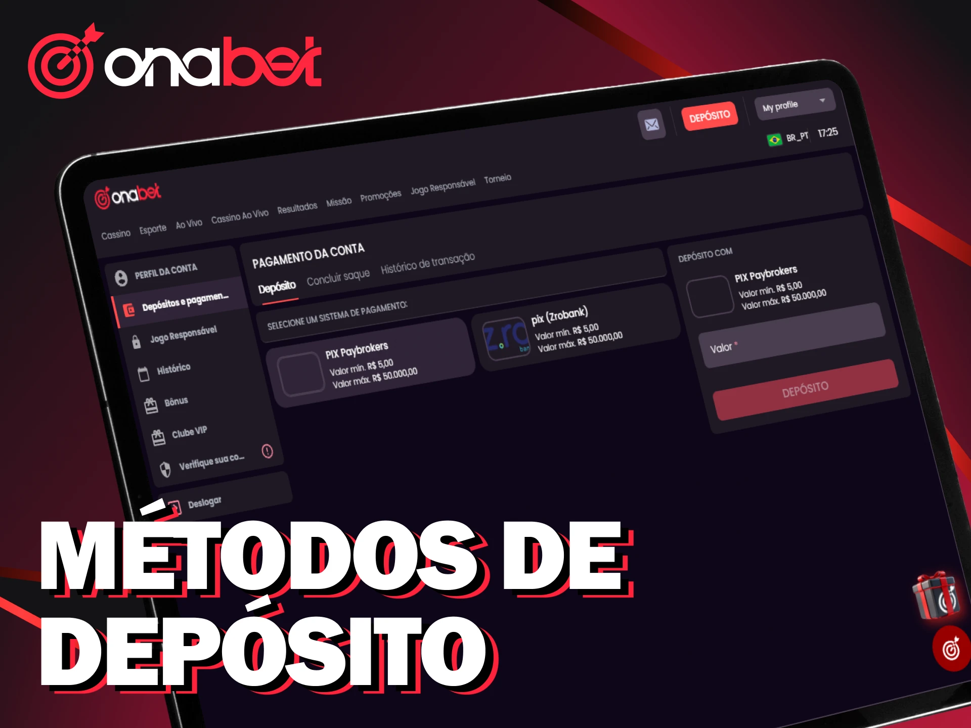 Escolha entre os métodos de depósito mais rápidos disponíveis na Onabet.
