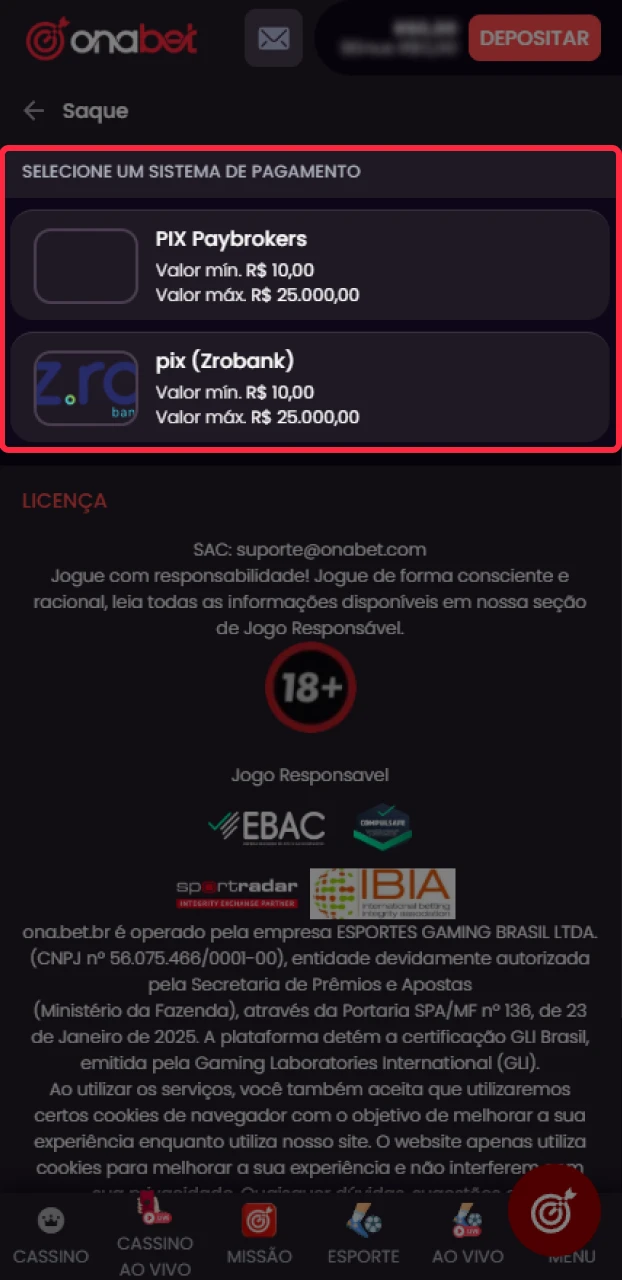 Coloque o valor desejado e confirme para sacar na Onabet.