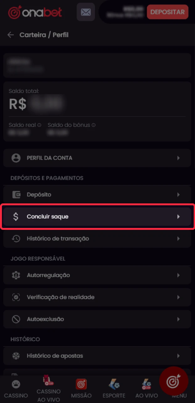 Abra a seção de saldo para pedir para sacar na Onabet.