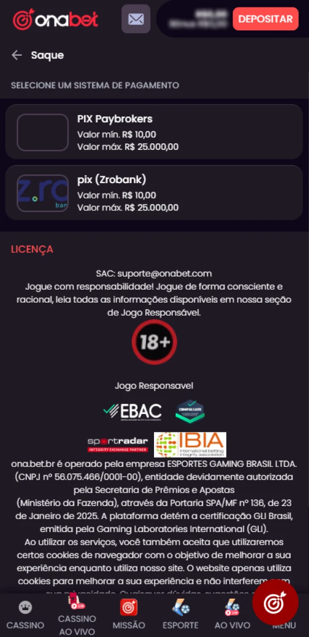 Escolha o Pix para sacar dinheiro da sua conta Onabet.