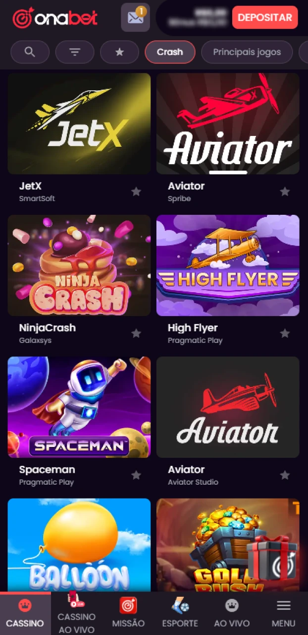 Localize o Aviator no cassino Onabet e escolha entre o modo demo ou real.