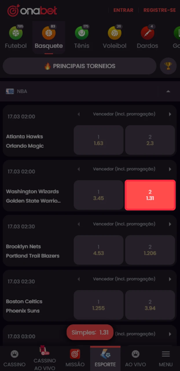 Analise as opções de mercados antes de confirmar sua primeira aposta de basquete na Onabet.
