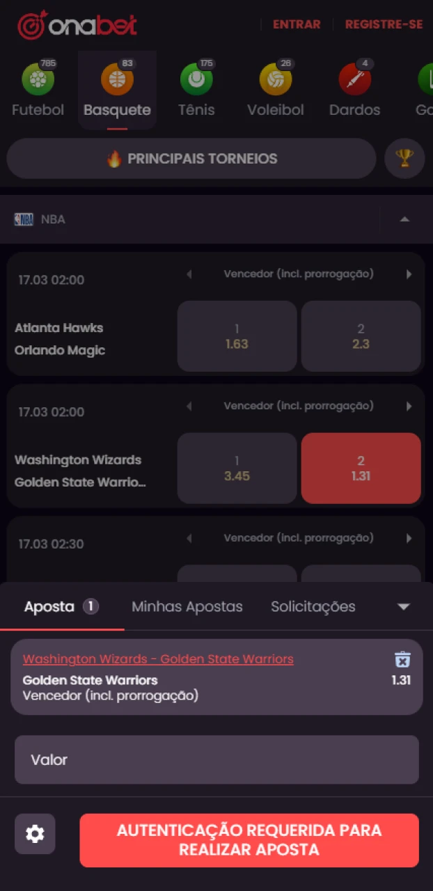 Valide o valor no bilhete de apostas e finalize sua jogada de basquete na Onabet.