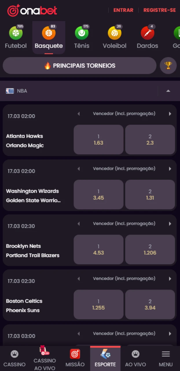 Navegue pelas ligas mundiais e escolha onde deseja realizar apostas de basquete na Onabet.