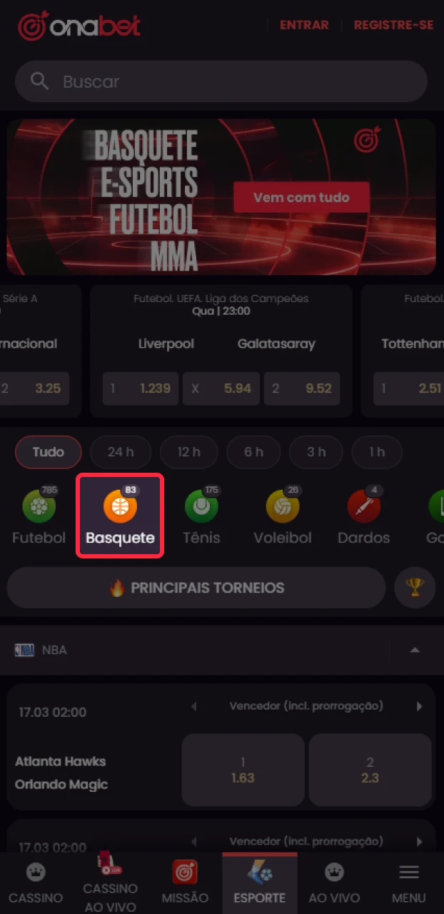 Localize a seção de basquete dentro do menu esportivo da Onabet.