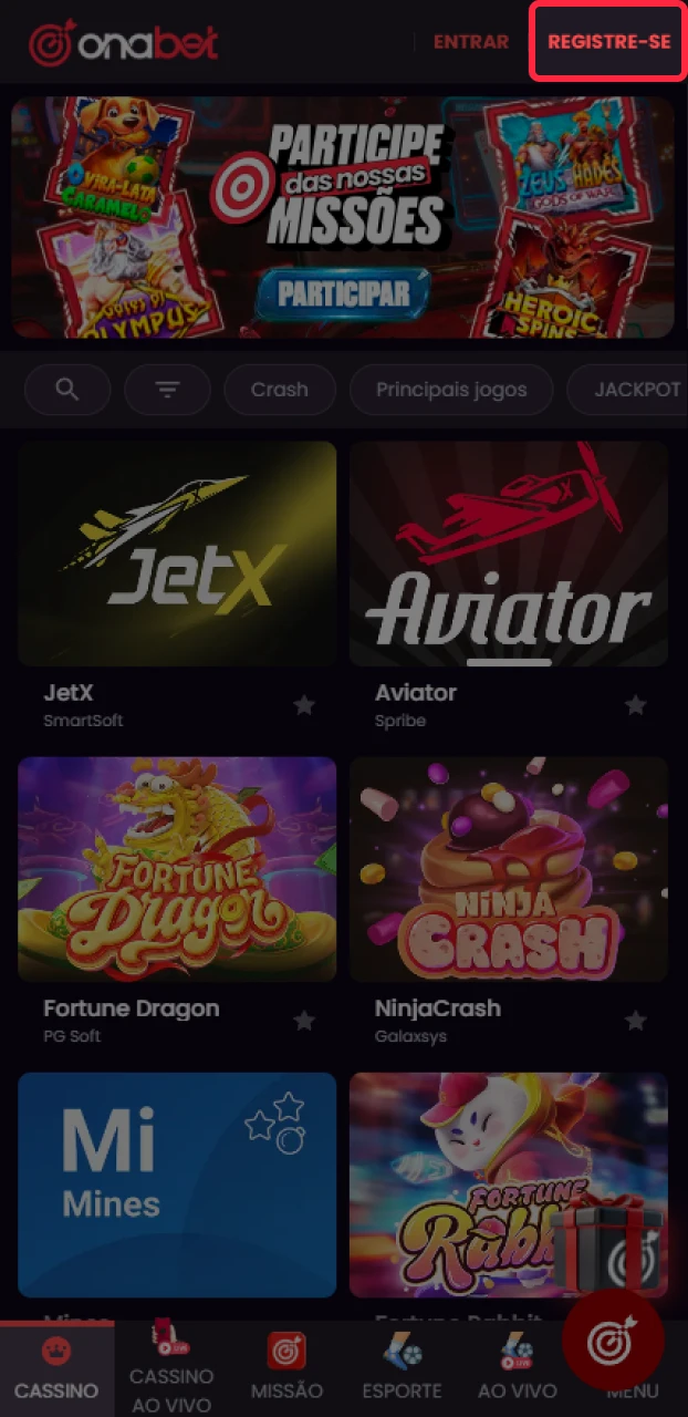 Acesse o site oficial da Onabet Brasil para entrar no cassino ao vivo.