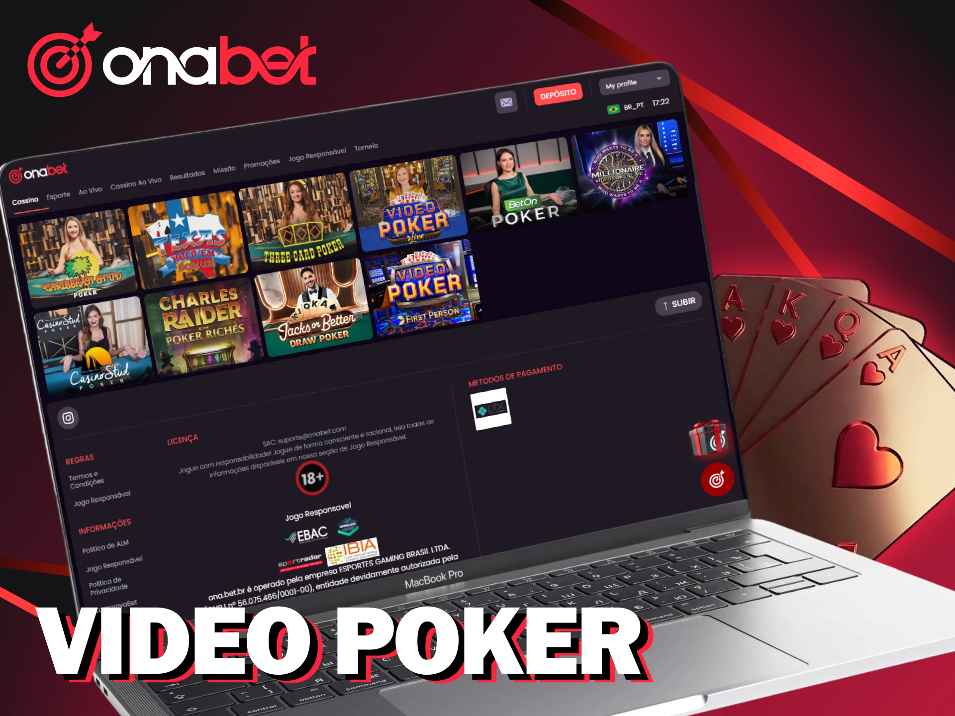 Busque combinações vencedoras jogando video poker no cassino Onabet.