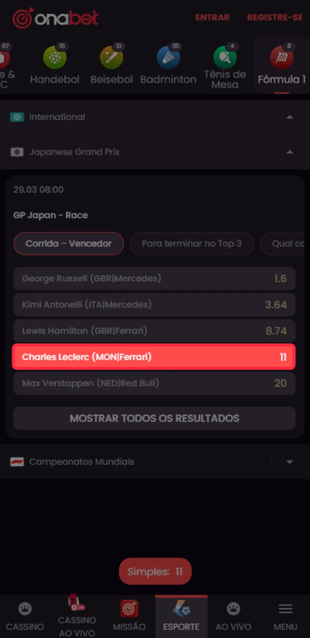 Insira seu palpite no cupom de apostas em Fórmula 1 na Onabet Chile.