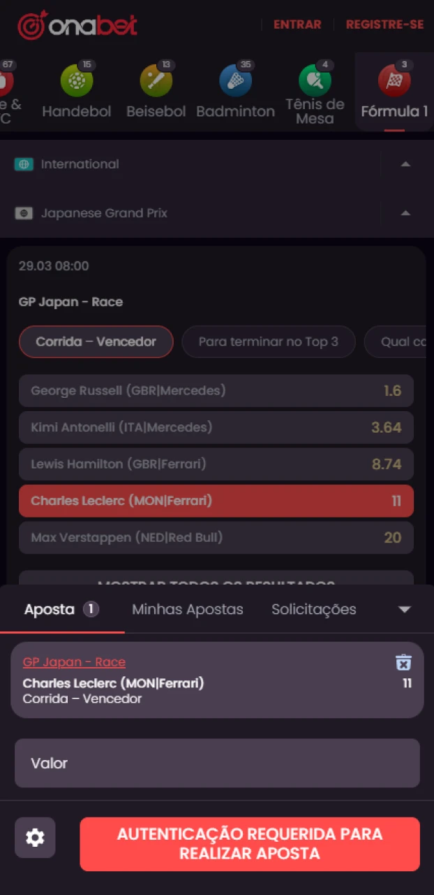 Acompanhe o resultado das suas apostas em Fórmula 1 na Onabet.