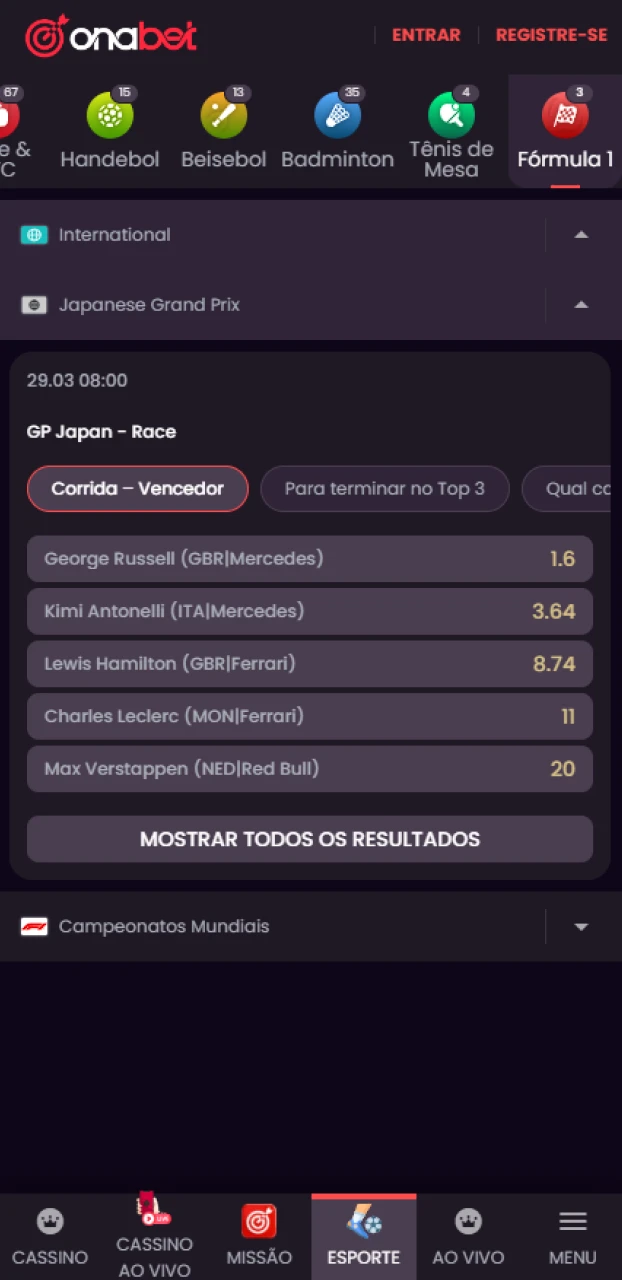 A Onabet oferece uma variedade de tipos de apostas na Fórmula 1.