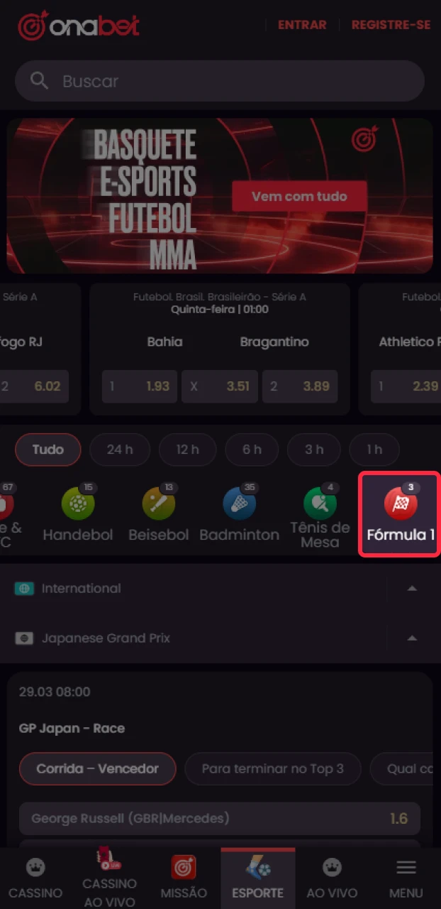 Entre na categoria de automobilismo para visualizar apostas em Fórmula 1 na Onabet.