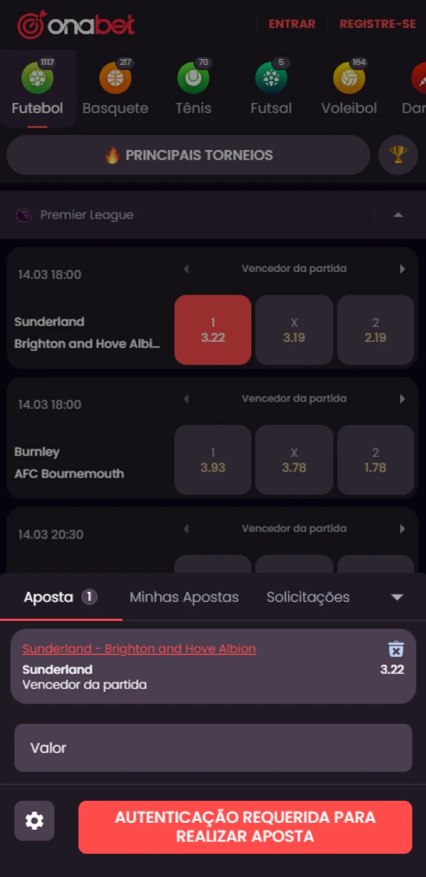 Defina o valor do palpite e valide seu boletim de apostas em futebol dentro da Onabet.