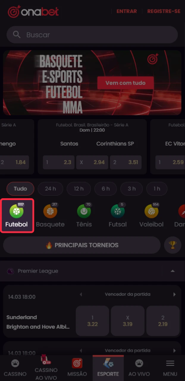 Navegue pelo menu de esportes e localize a seção de futebol na Onabet oficial.