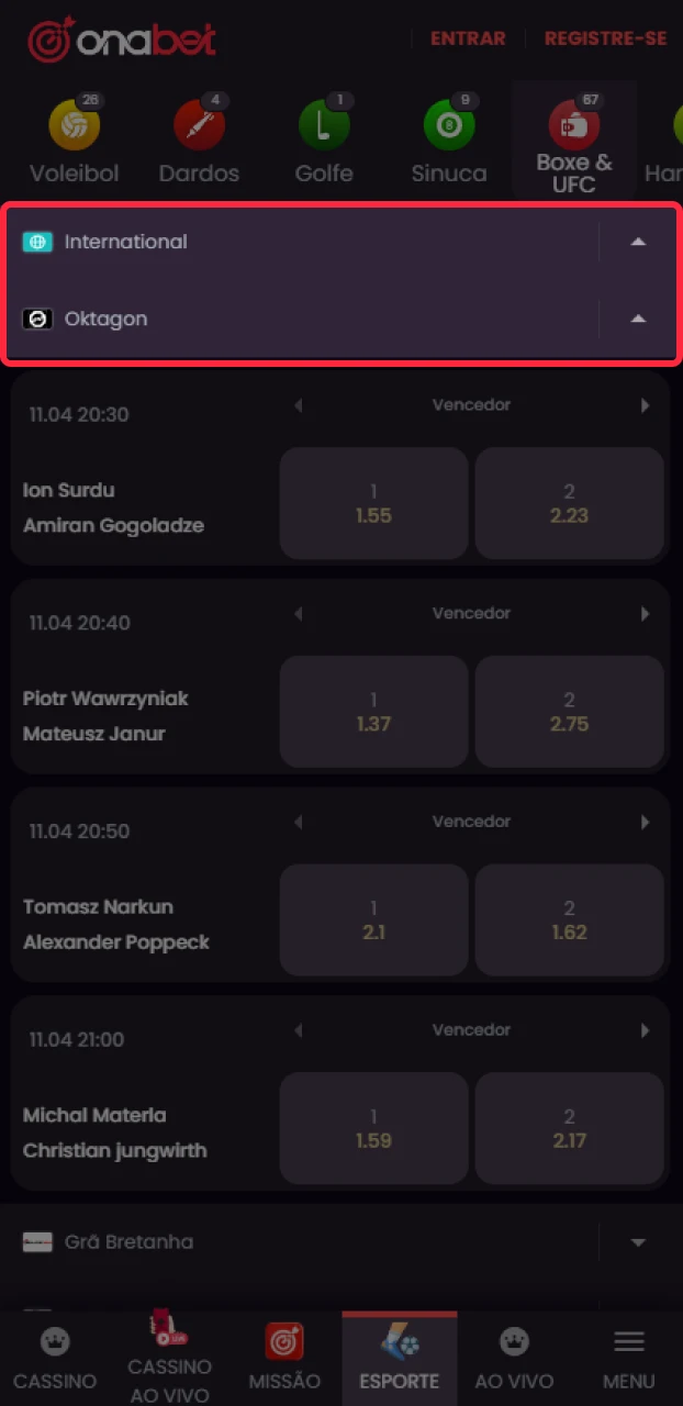Selecione o evento em MMA de sua preferência para realizar apostas na Onabet oficial.