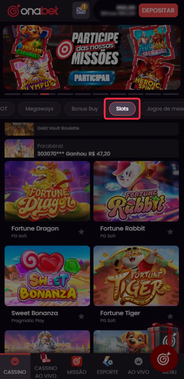 Navegue pelo lobby e encontre os melhores caça-níqueis da Onabet.