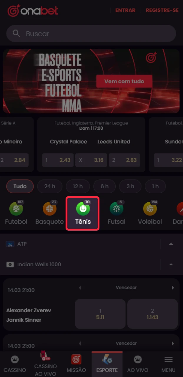 Localize a modalidade de tênis dentro da ampla seção de esportes da Onabet.
